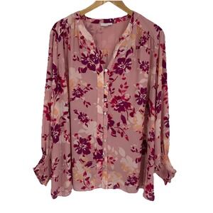 Marybelle Womens Button Up Floral Top‎ 4X Pink Lightweight Smocked Romantic Boho